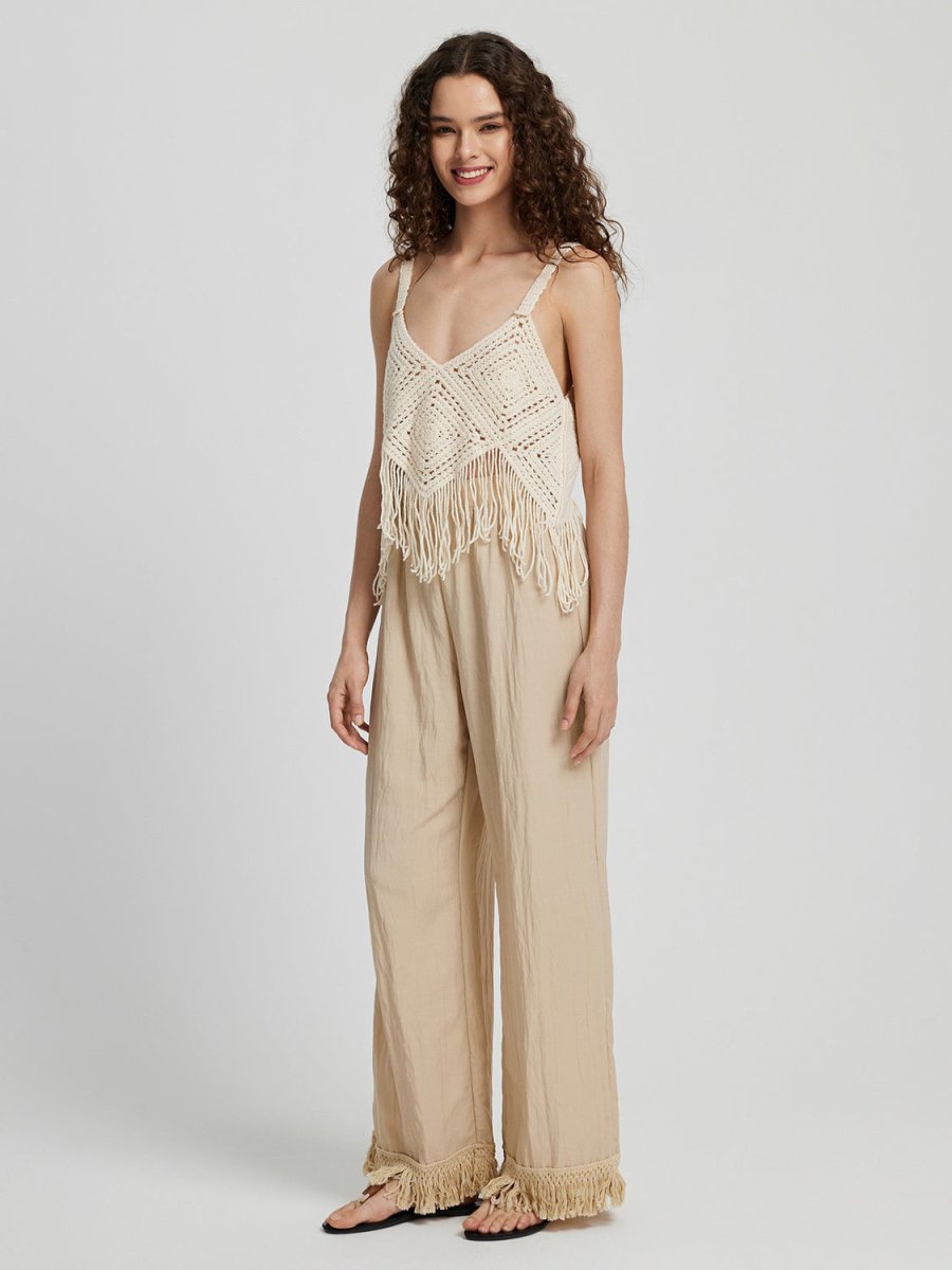 Honey Fringe Hem Wide Leg Long Pants - Bottoms
