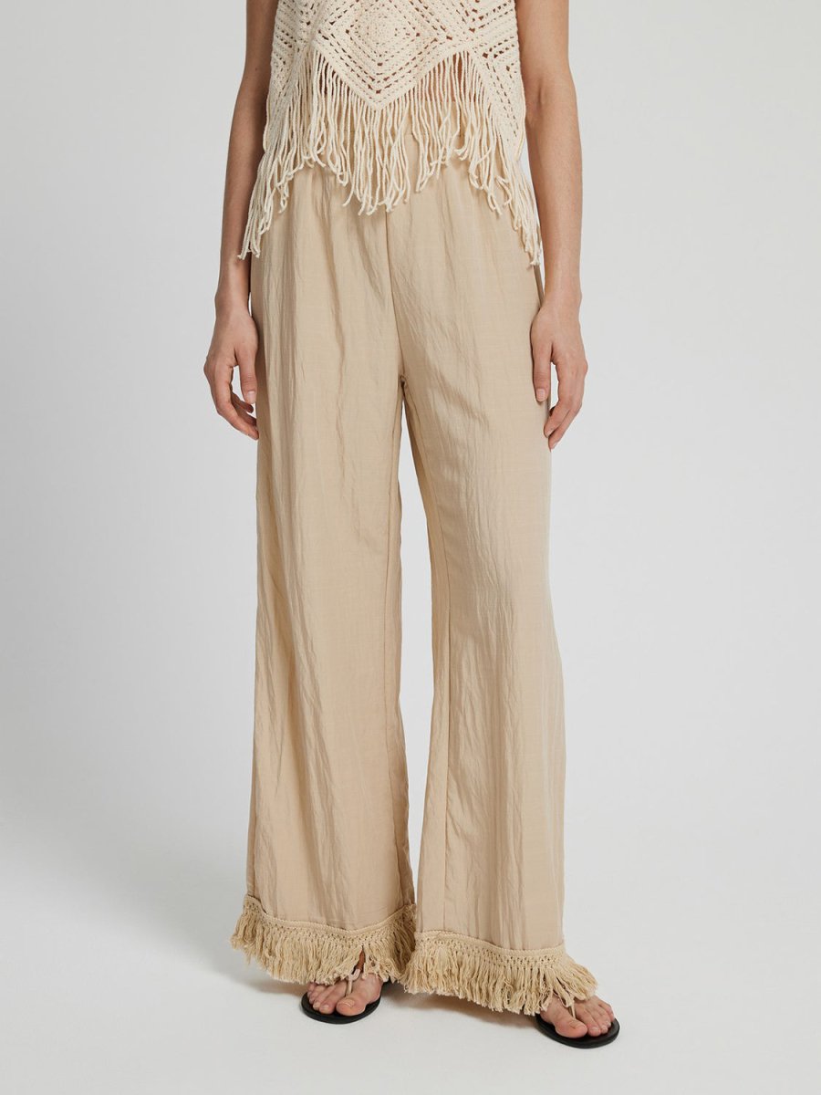 Honey Fringe Hem Wide Leg Long Pants - Bottoms