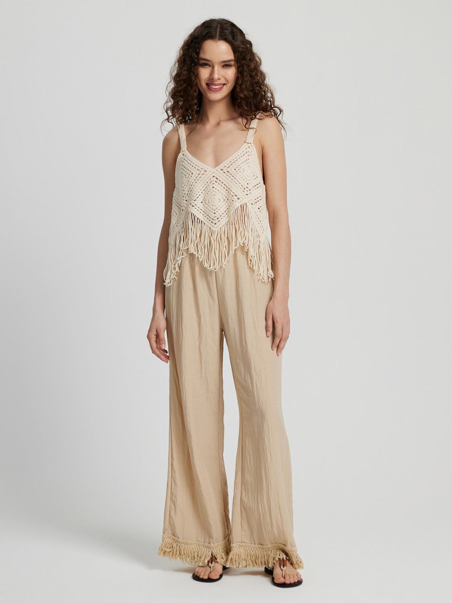 Honey Fringe Hem Wide Leg Long Pants - Bottoms