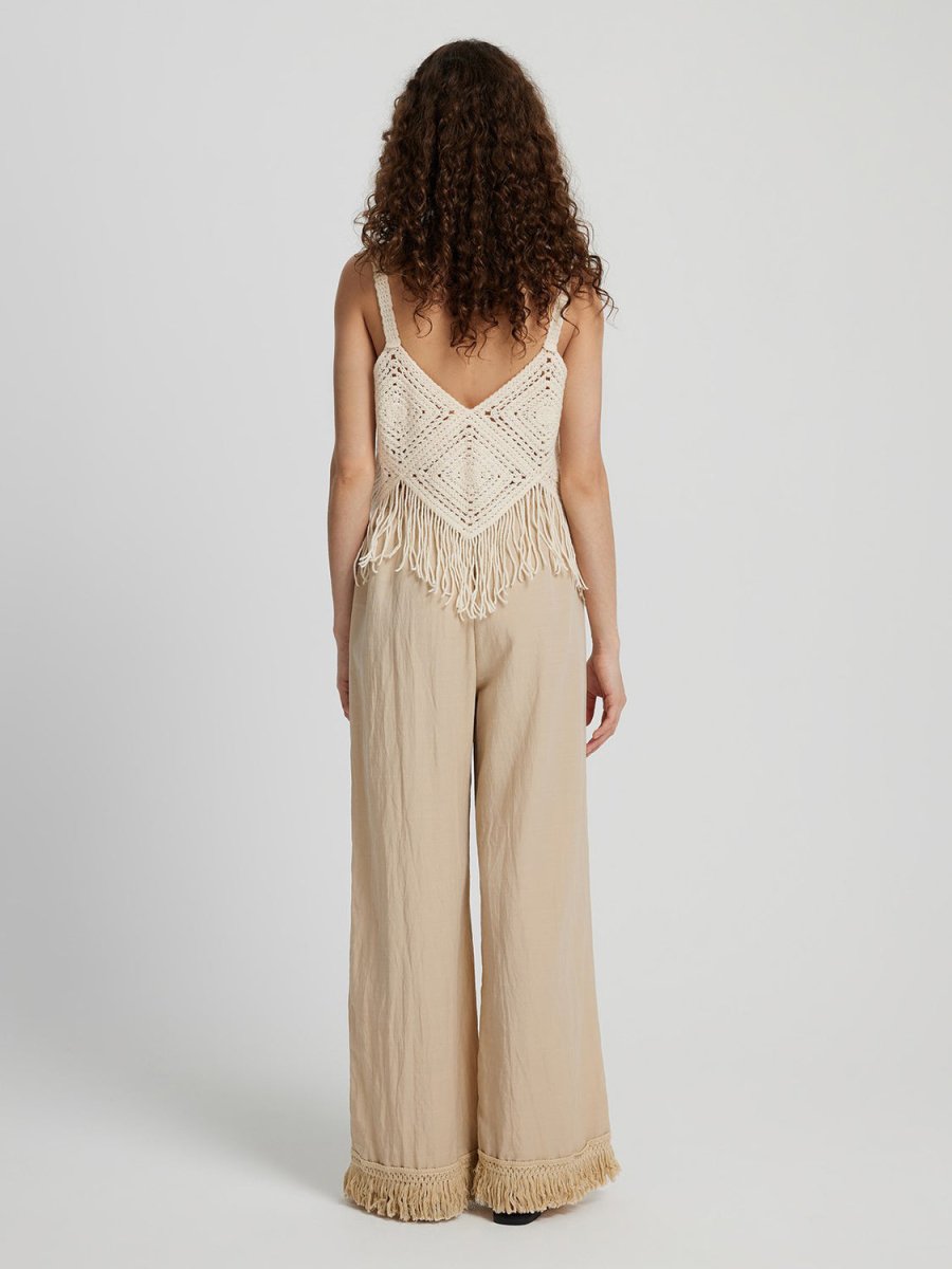 Honey Fringe Hem Wide Leg Long Pants - Bottoms