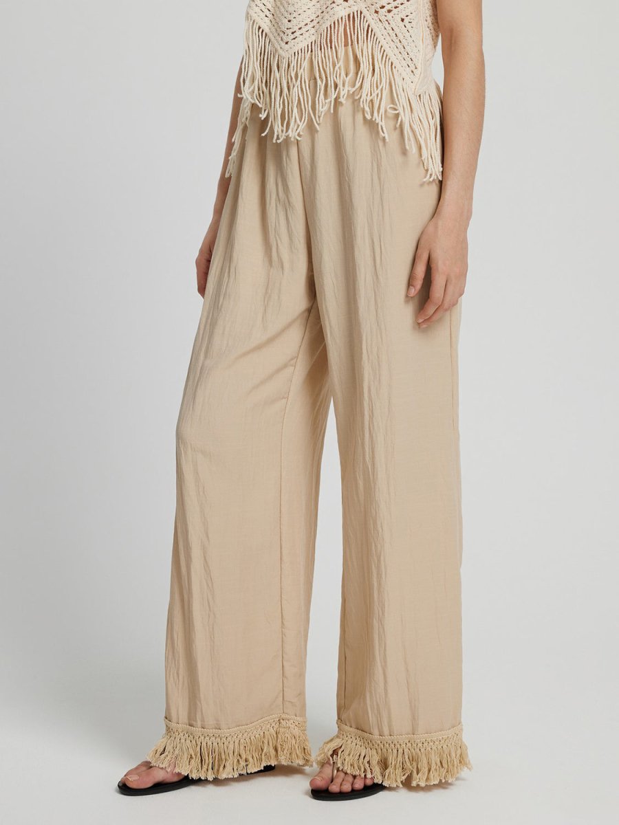 Honey Fringe Hem Wide Leg Long Pants - Bottoms