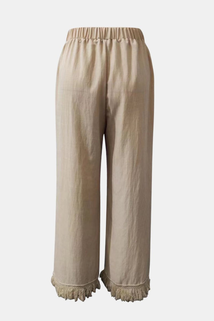 Honey Fringe Hem Wide Leg Long Pants - Bottoms