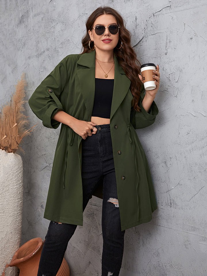 Honey Plus Size Lapel Collar Roll - Tab Sleeve Trench Coat - Outerwear