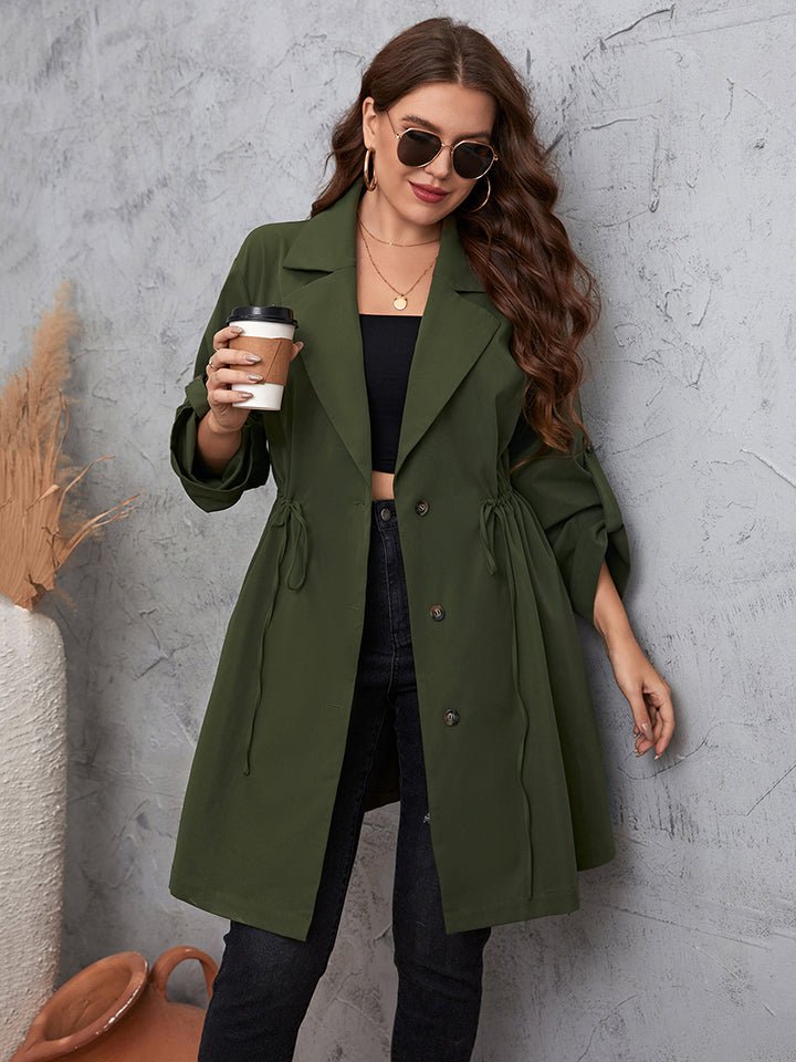 Honey Plus Size Lapel Collar Roll - Tab Sleeve Trench Coat - Outerwear