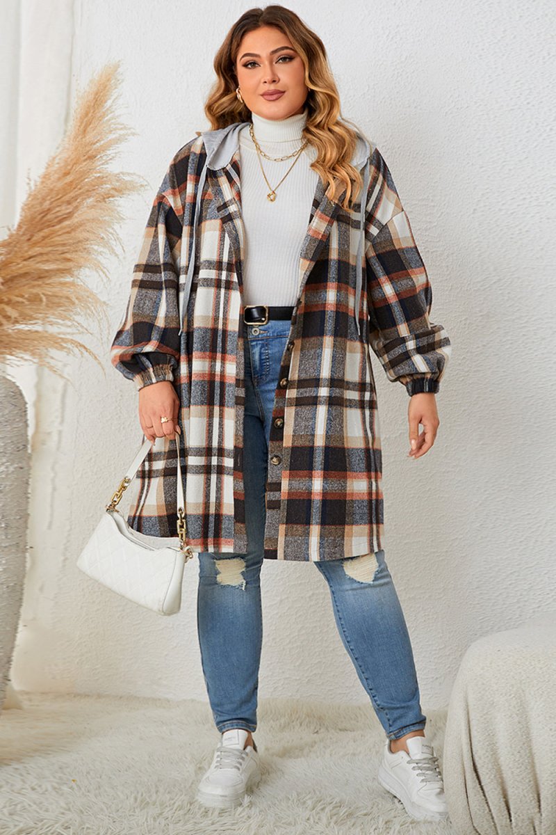 Honey Plus Size Plaid Drop Shoulder Hooded Coat - Outerwear