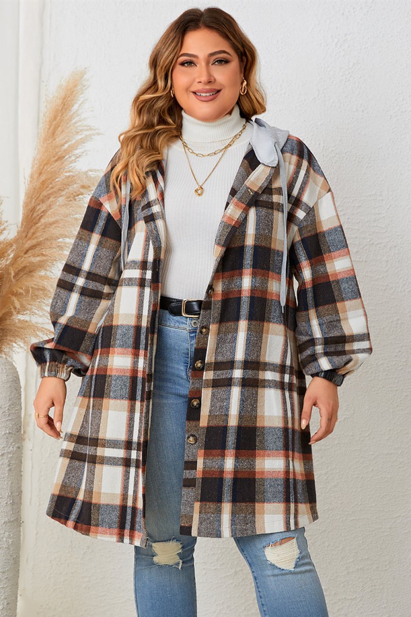 Honey Plus Size Plaid Drop Shoulder Hooded Coat - Outerwear