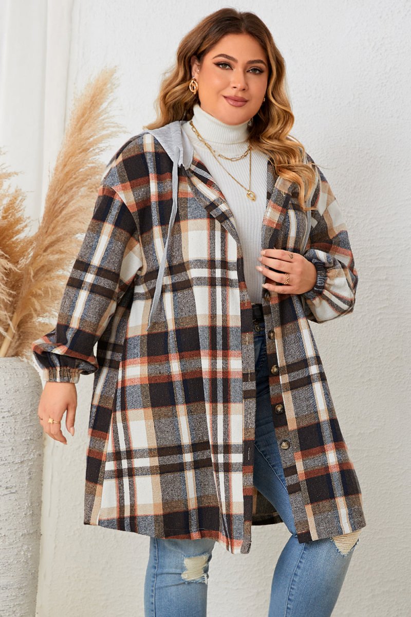 Honey Plus Size Plaid Drop Shoulder Hooded Coat - Outerwear
