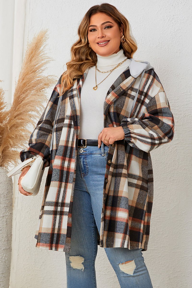 Honey Plus Size Plaid Drop Shoulder Hooded Coat - Outerwear