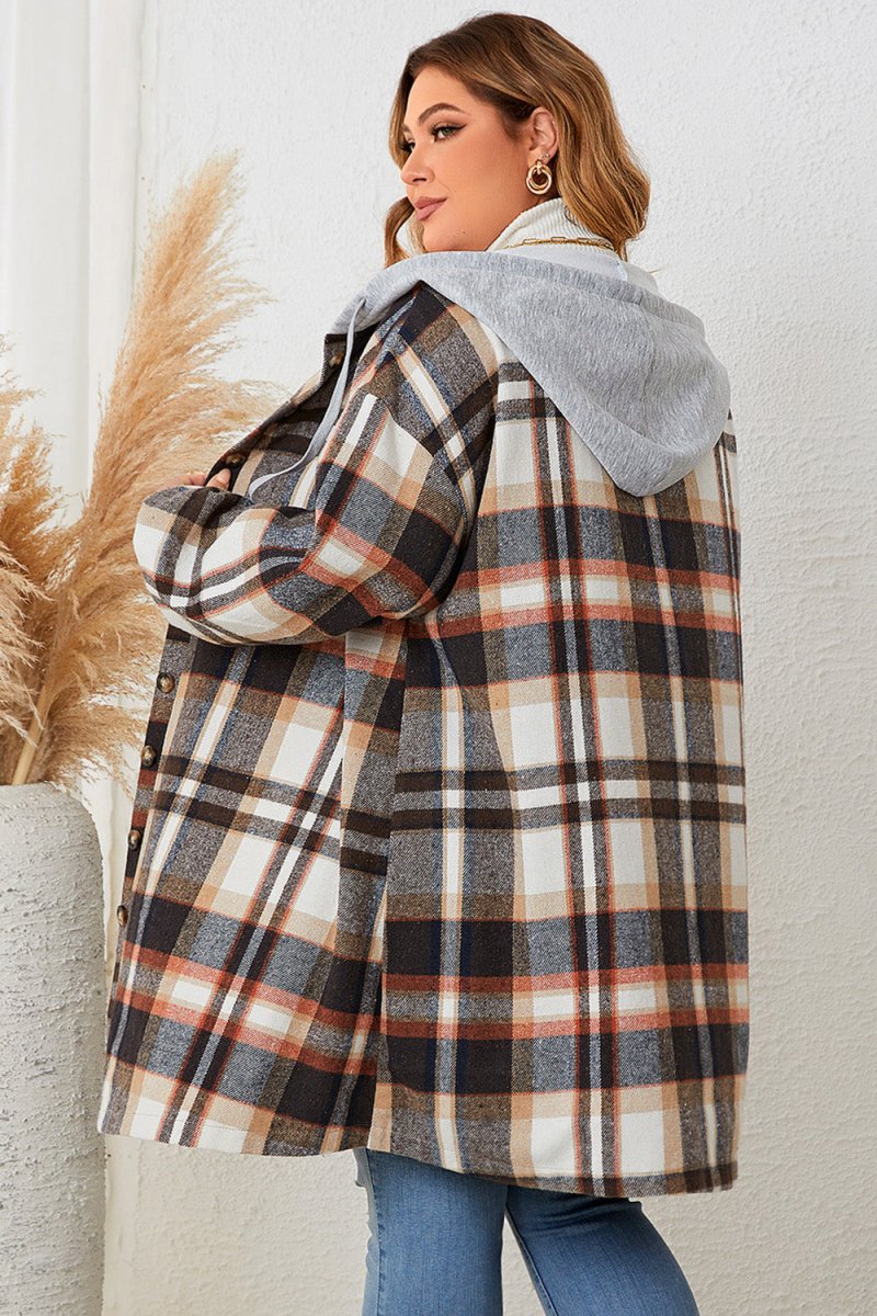 Honey Plus Size Plaid Drop Shoulder Hooded Coat - Outerwear