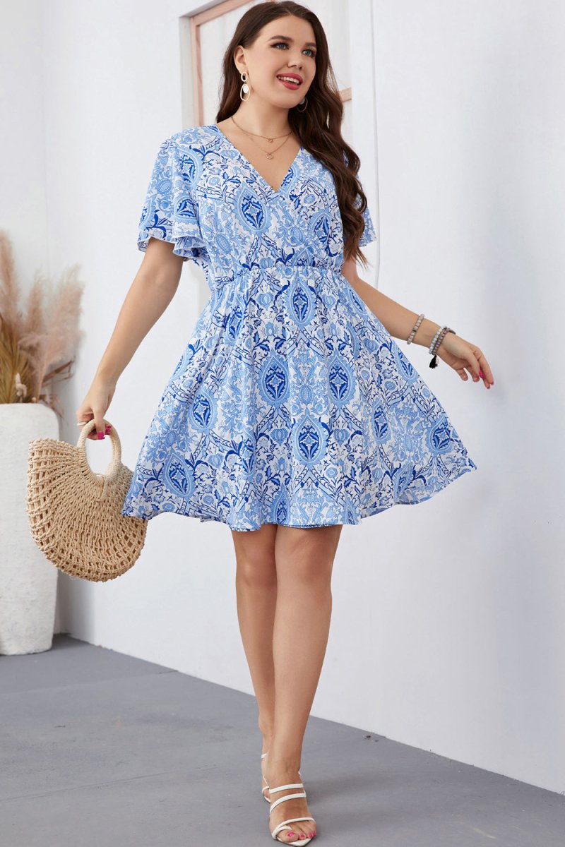 Honey Plus Size Surplice Neck Flutter Sleeve Dress - Day Dress