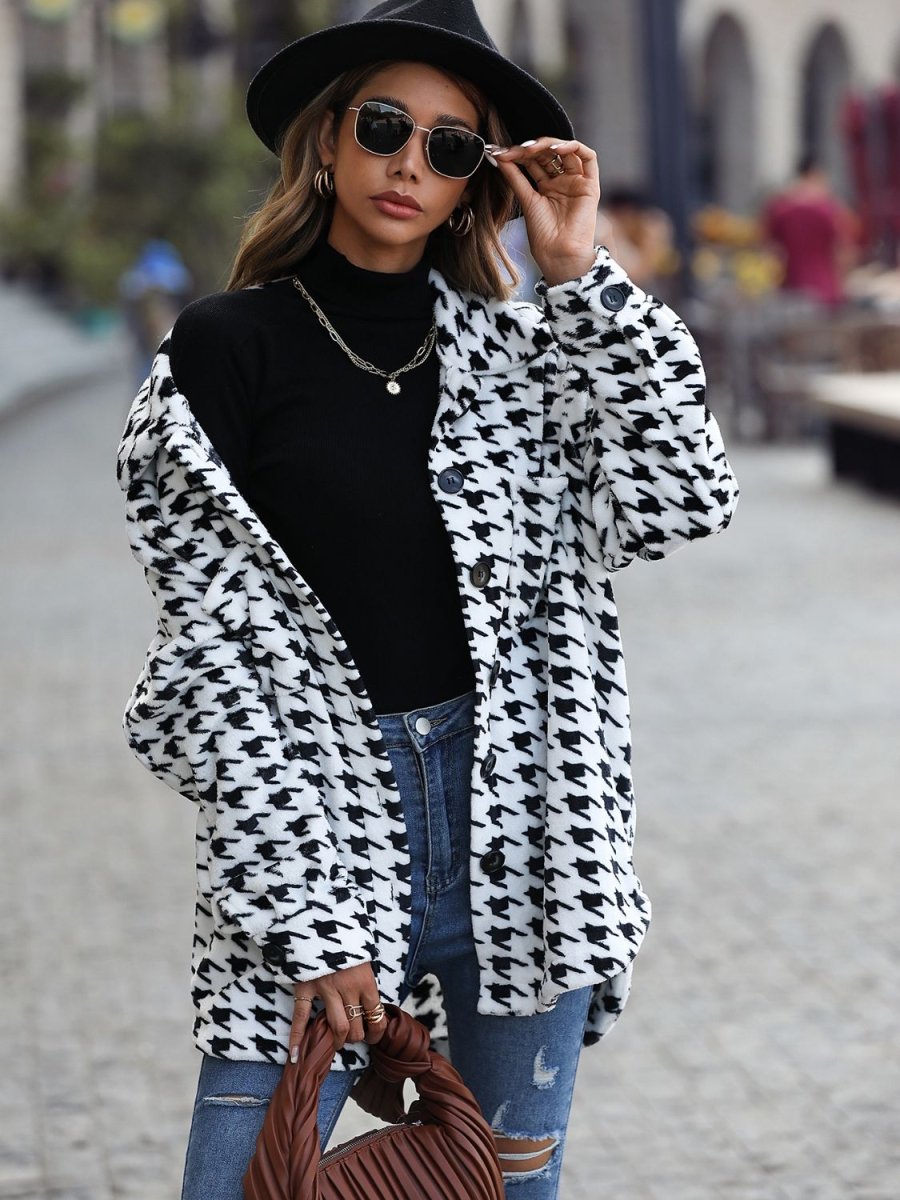 Houndstooth Button Down Jacket - Outerwear