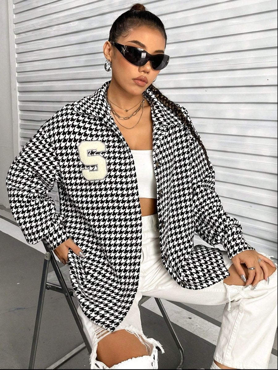 Houndstooth Button Down Long Sleeve Shacket - Outerwear