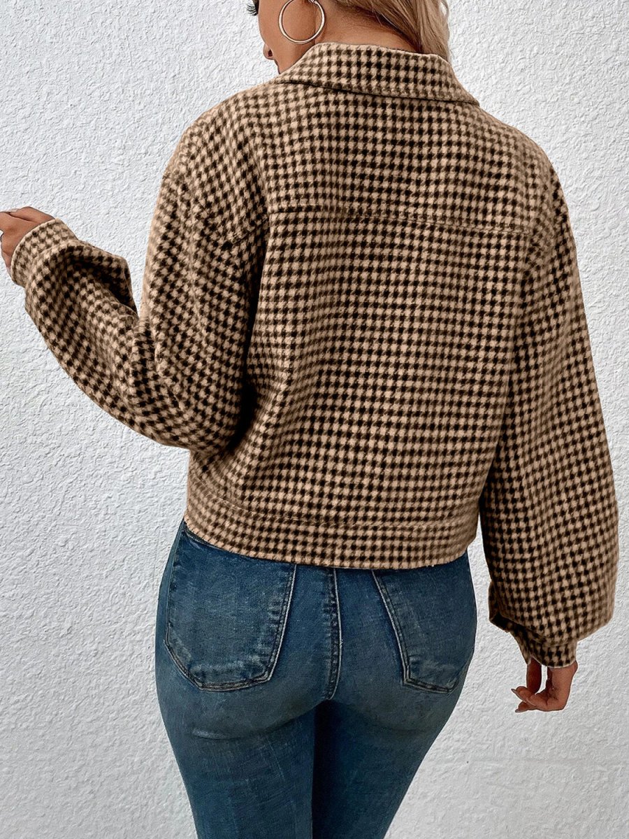 Houndstooth Collared Neck Button Up Jacket - Outerwear