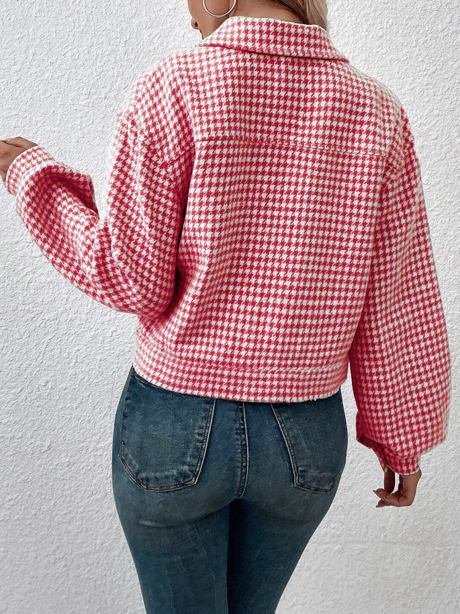 Houndstooth Collared Neck Button Up Jacket - Outerwear