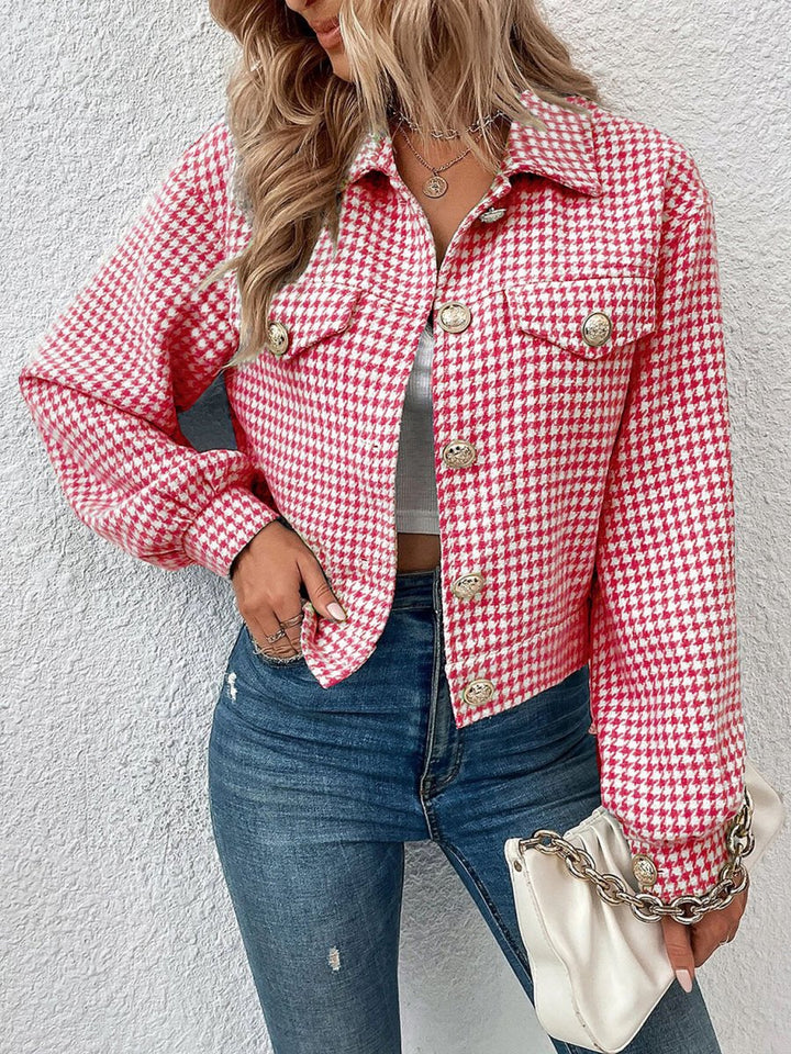 Houndstooth Collared Neck Button Up Jacket - Outerwear