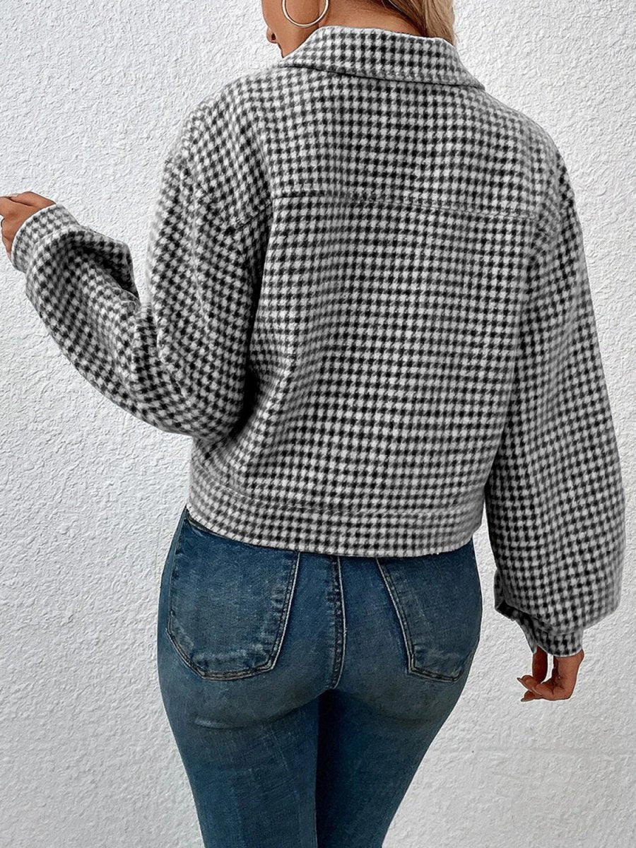Houndstooth Collared Neck Button Up Jacket - Outerwear