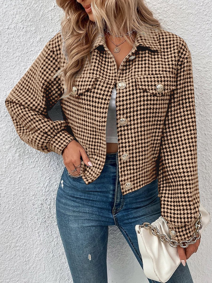 Houndstooth Collared Neck Button Up Jacket - Outerwear