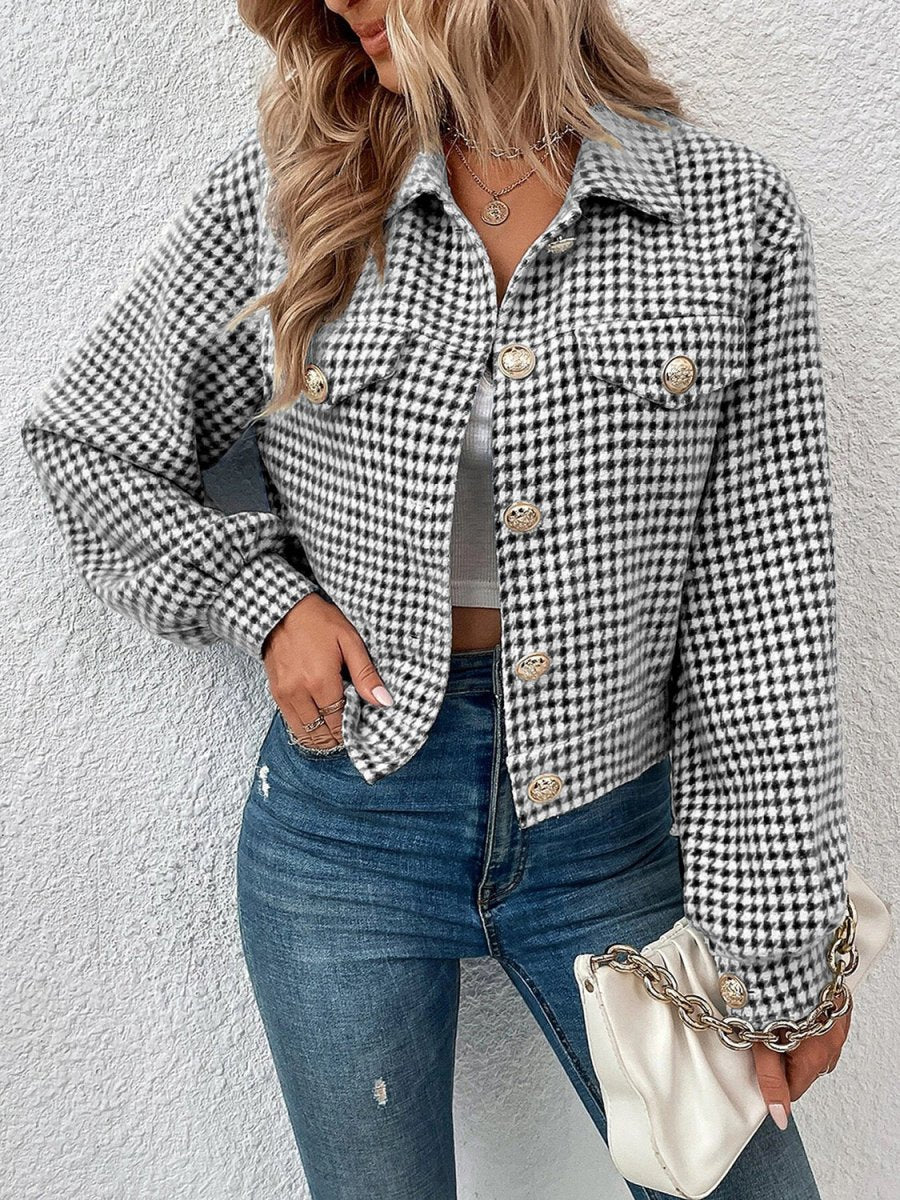 Houndstooth Collared Neck Button Up Jacket - Outerwear