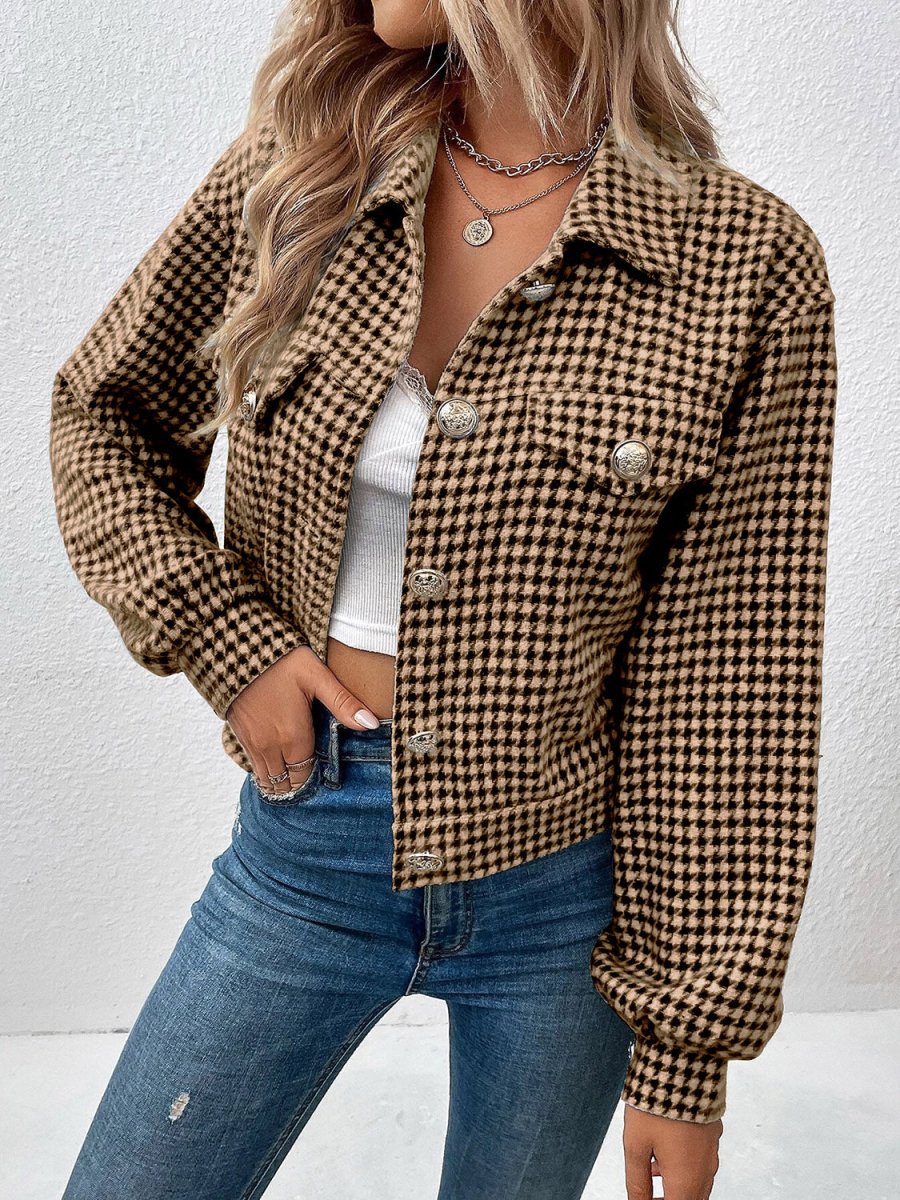 Houndstooth Collared Neck Button Up Jacket - Outerwear