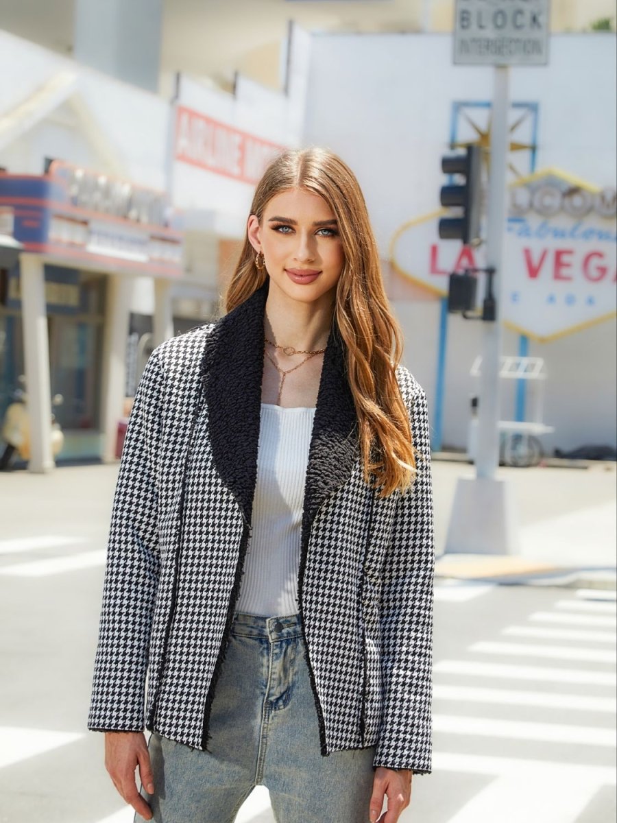Houndstooth Open Front Long Sleeve Jacket - Outerwear