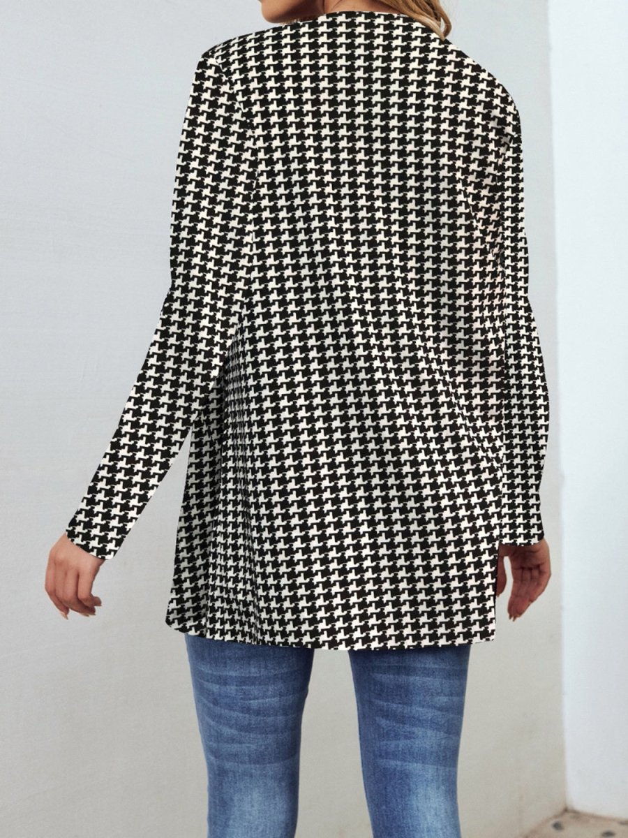 Houndstooth Open Front Long Sleeve Jacket - Outerwear