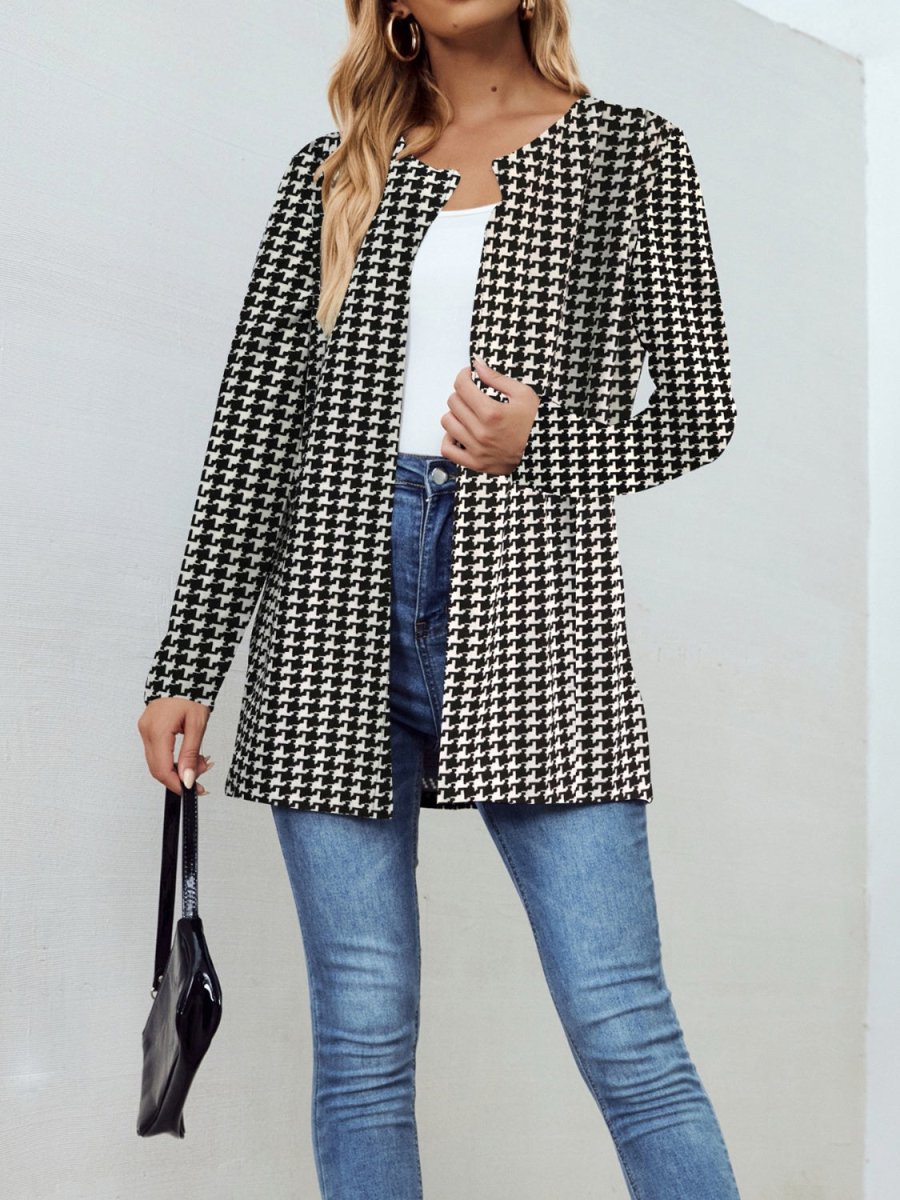 Houndstooth Open Front Long Sleeve Jacket - Outerwear