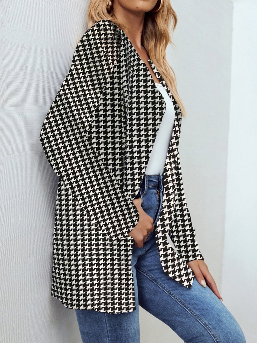 Houndstooth Open Front Long Sleeve Jacket - Outerwear