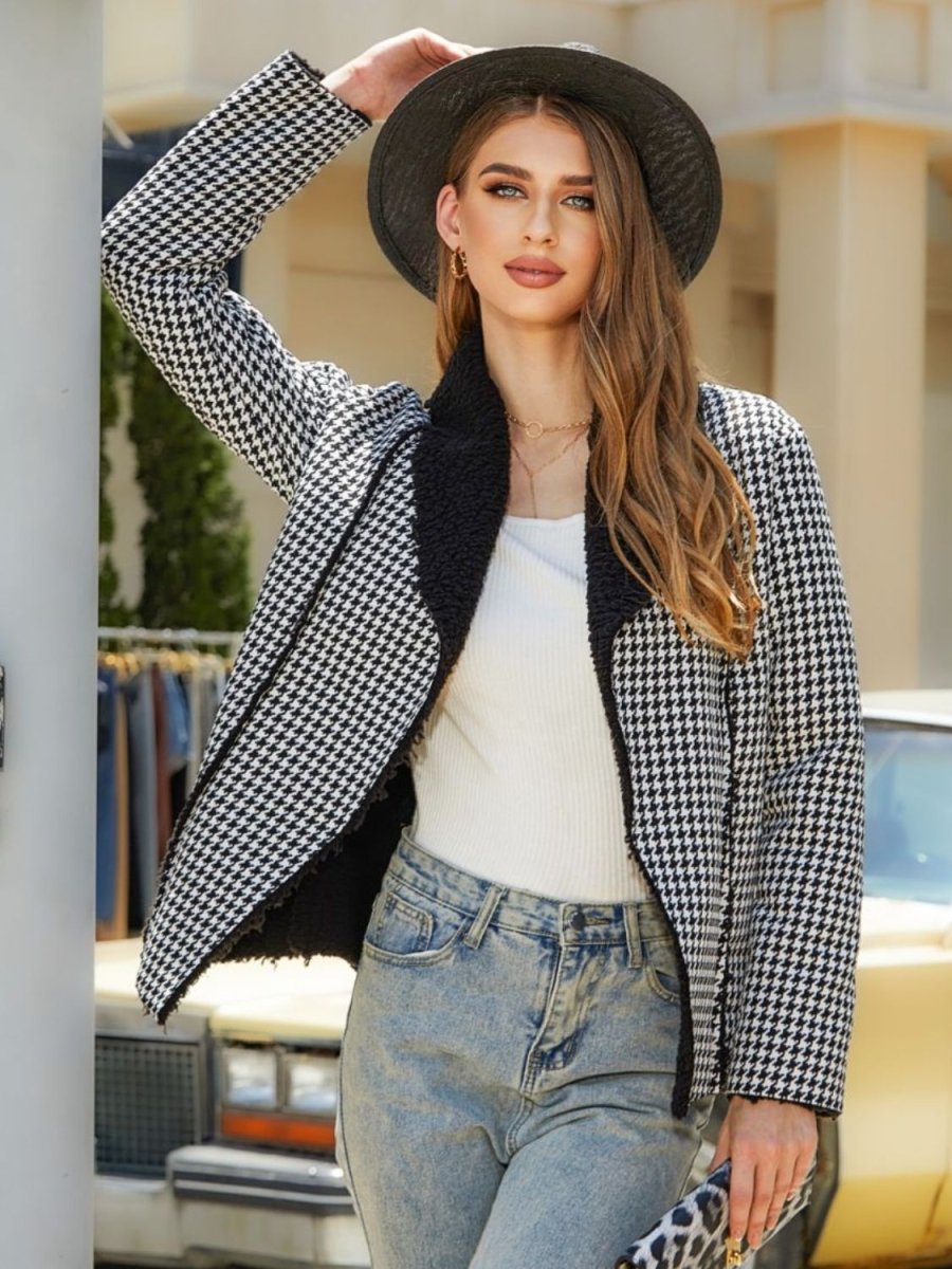 Houndstooth Open Front Long Sleeve Jacket - Outerwear