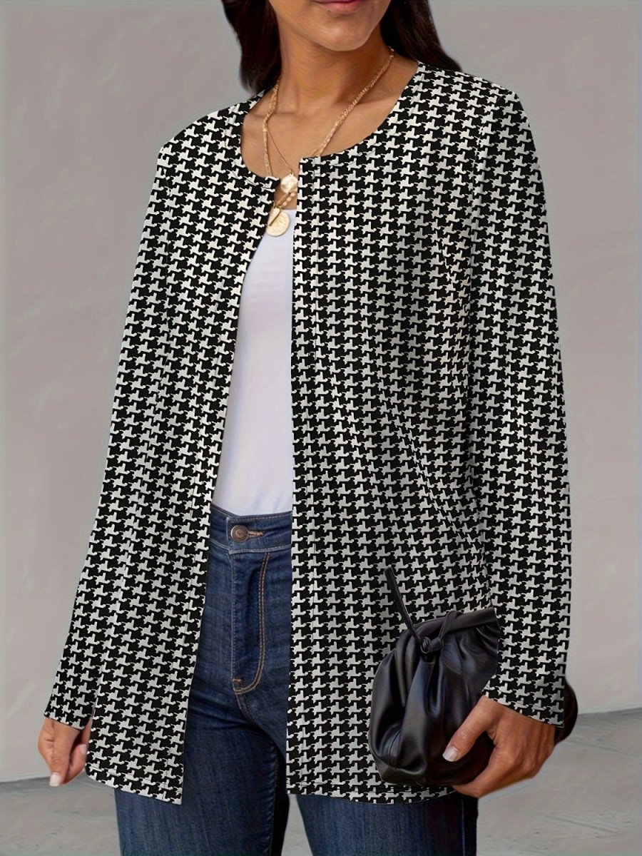 Houndstooth Open Front Long Sleeve Jacket - Outerwear