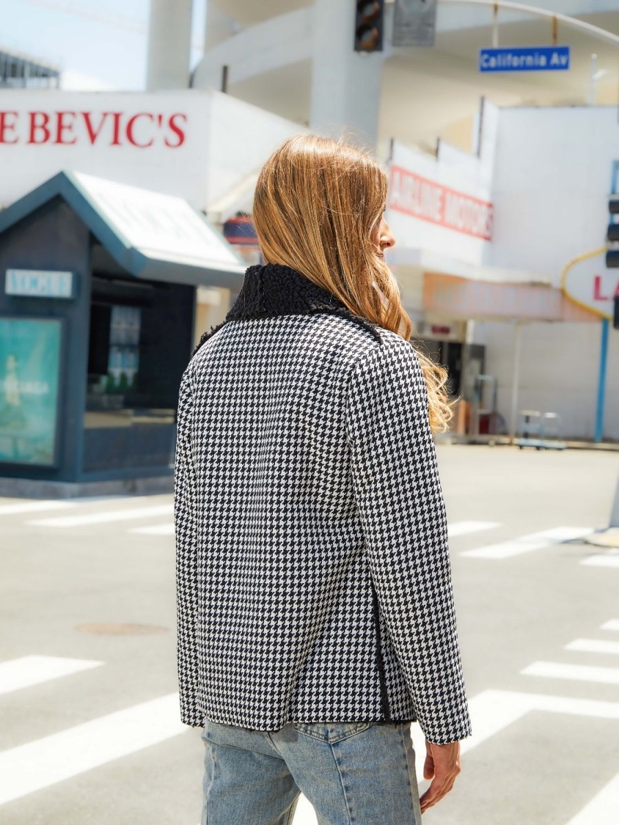 Houndstooth Open Front Long Sleeve Jacket - Outerwear