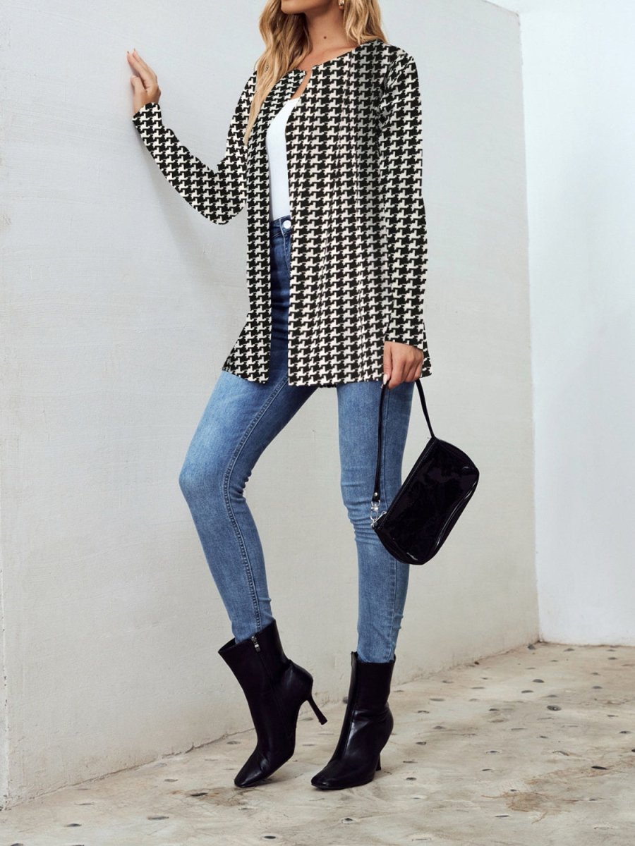 Houndstooth Open Front Long Sleeve Jacket - Outerwear