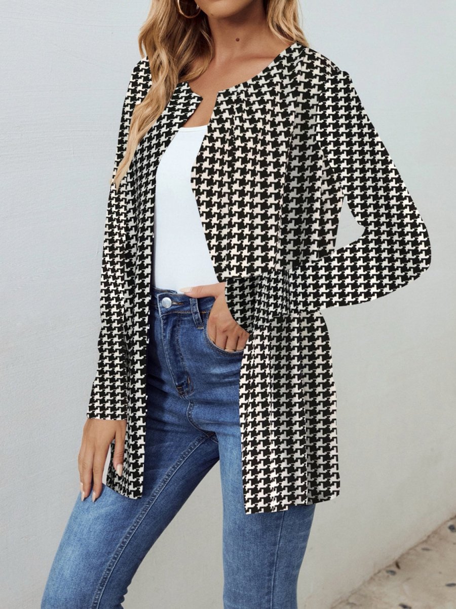 Houndstooth Open Front Long Sleeve Jacket - Outerwear