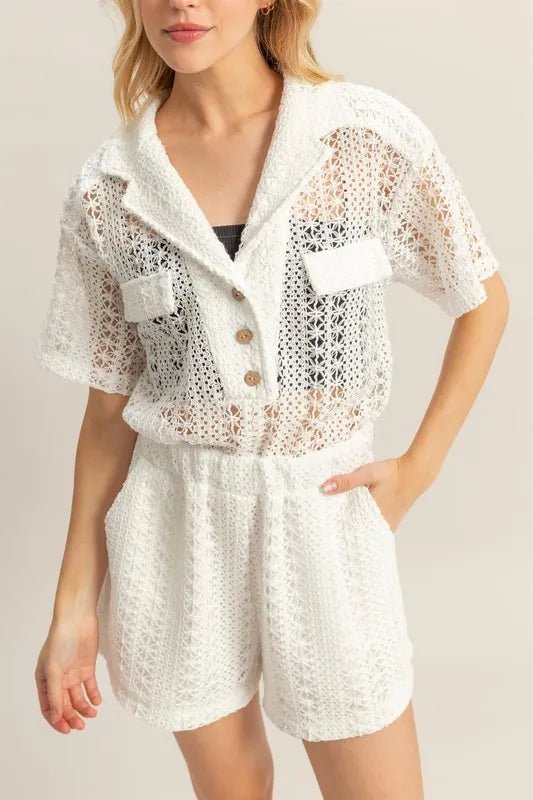 HYFVE Crochet Button Front Short Sleeve Romper - 