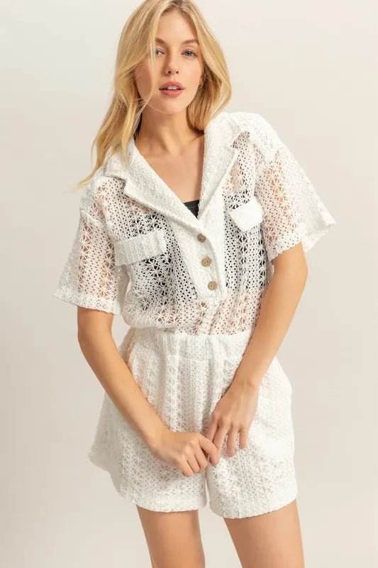 HYFVE Crochet Button Front Short Sleeve Romper - 