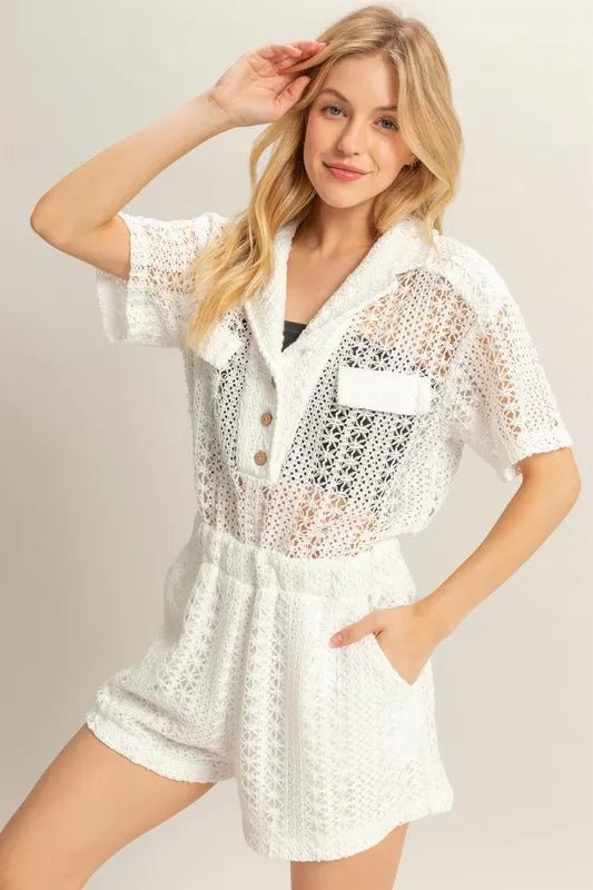 HYFVE Crochet Button Front Short Sleeve Romper - 