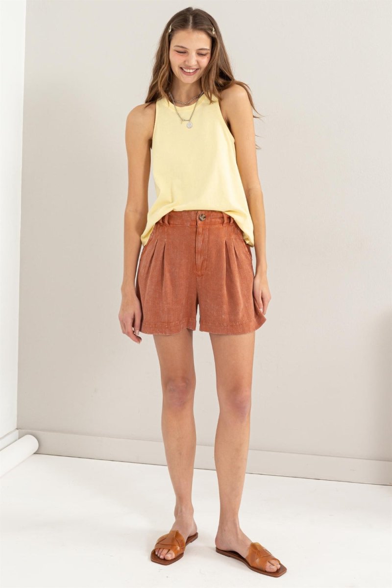 HYFVE High Waist Pleated Linen Shorts - Bottoms