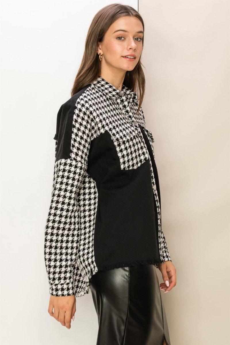HYFVE Houndstooth Contrast Raw Hem Jacket - Outerwear