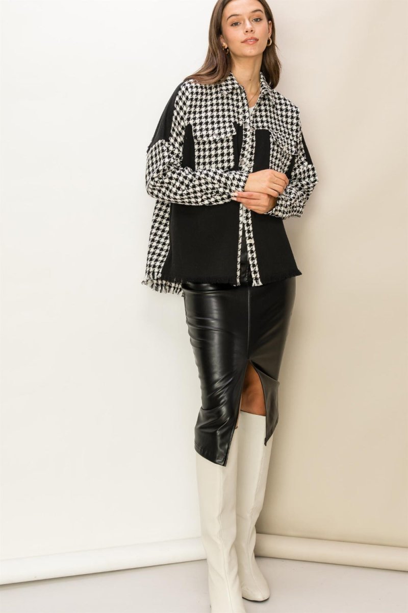 HYFVE Houndstooth Contrast Raw Hem Jacket - Outerwear