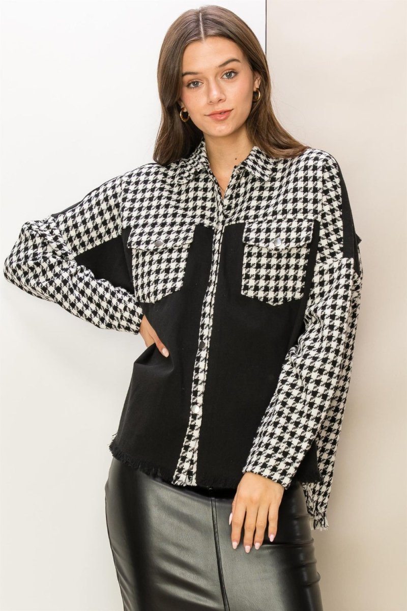 HYFVE Houndstooth Contrast Raw Hem Jacket - Outerwear
