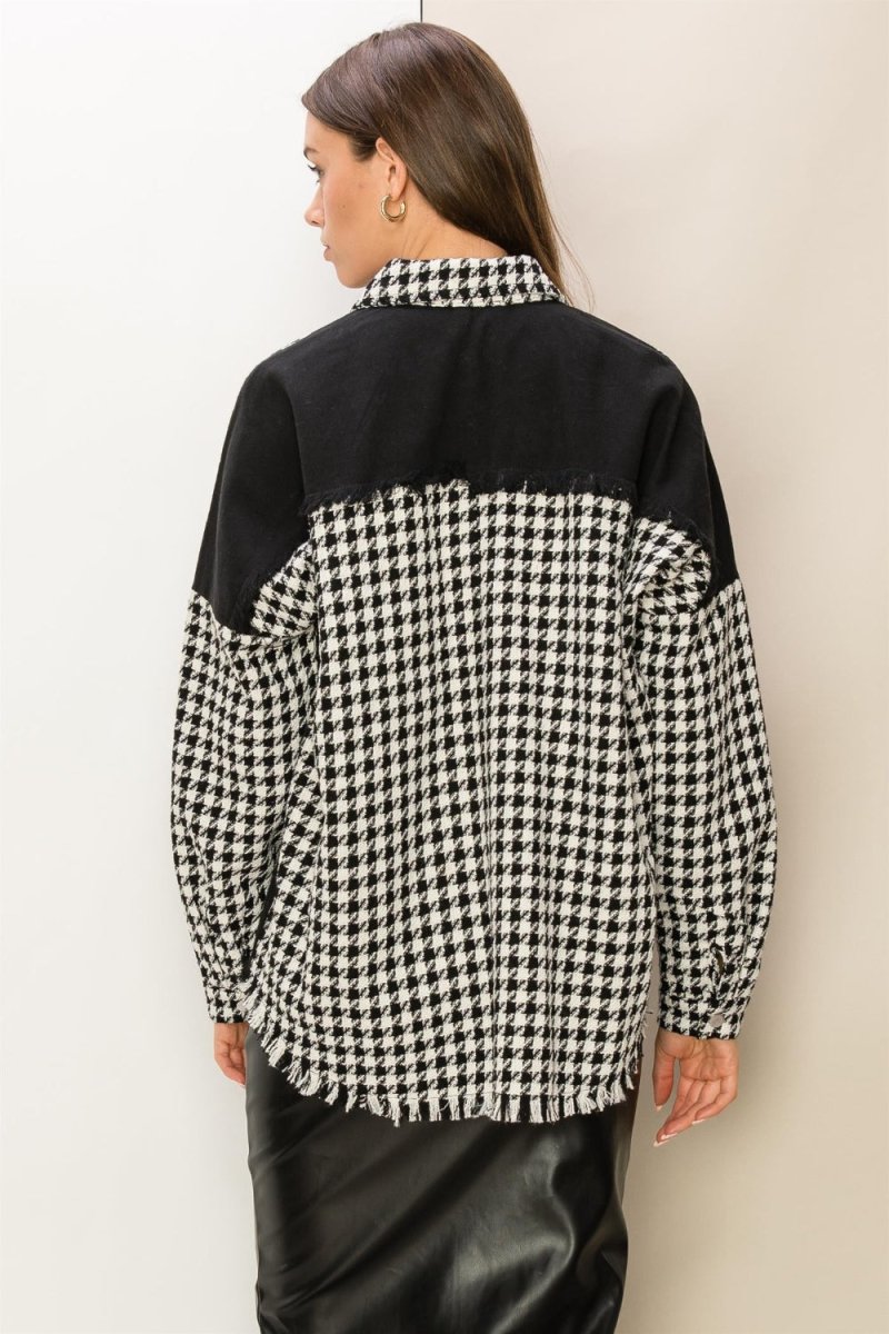 HYFVE Houndstooth Contrast Raw Hem Jacket - Outerwear