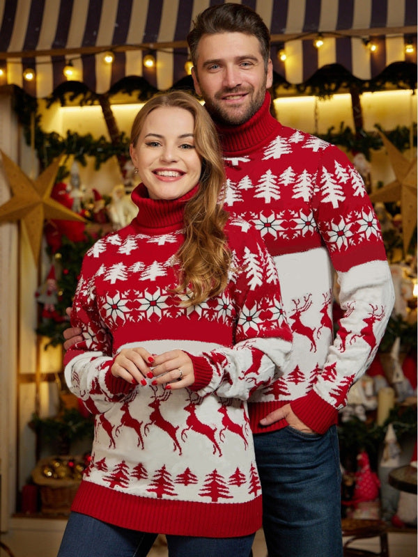 High Neck Christmas Theme Jacquard Couple Long Sleeve Sweater