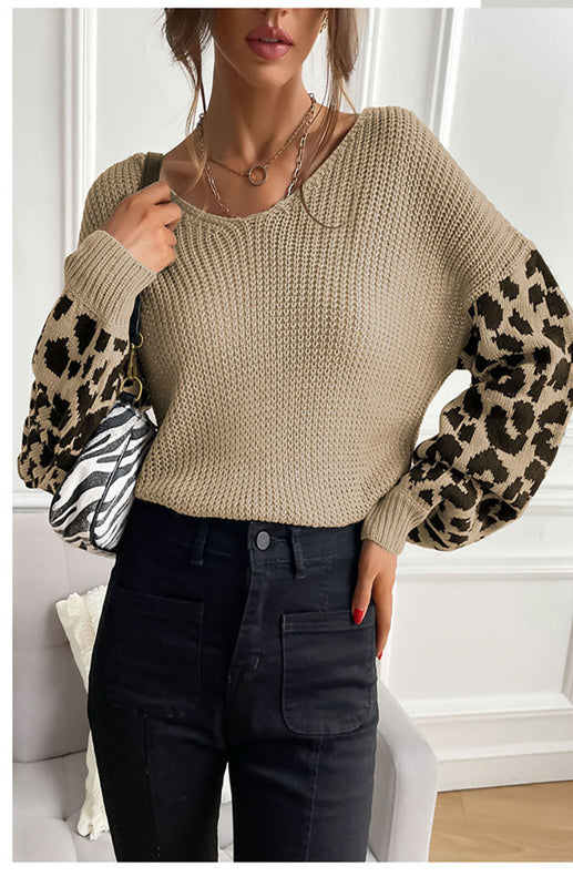 Ladies Crew Neck Leopard Print Contrasting Pullover Sweater