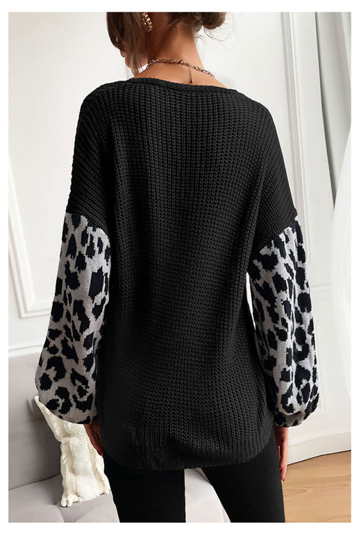 Ladies Crew Neck Leopard Print Contrasting Pullover Sweater