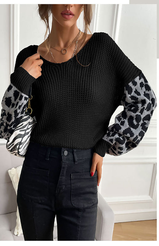 Ladies Crew Neck Leopard Print Contrasting Pullover Sweater