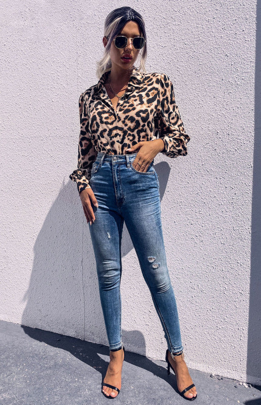 Women's Long Sleeve Leopard Print Lapel Shirt