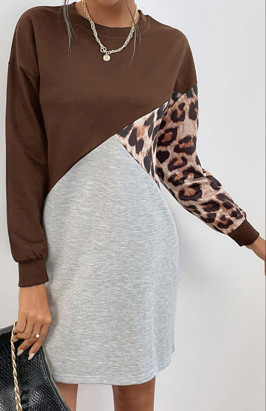 ladies patchwork crew neck long t-shirt leopard print sweater dress