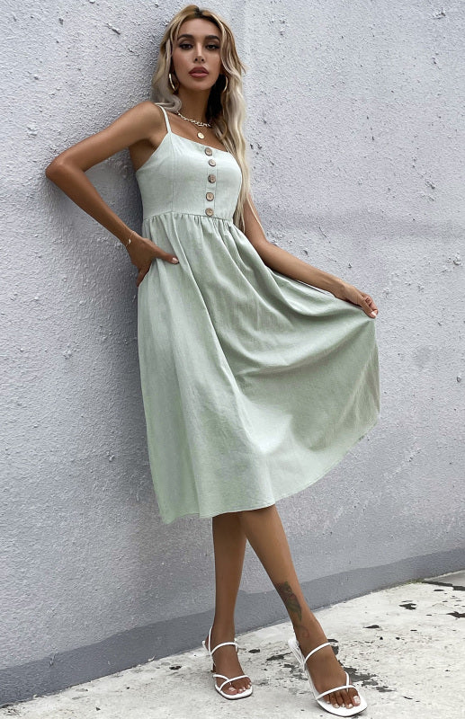 Women's Clothing Slim Fit Solid Color Cotton Linen Dress