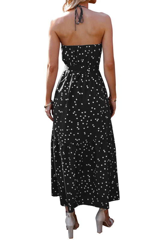 Ladies Summer Fashion V Neck Sling Polka Dot Dress Long Dress