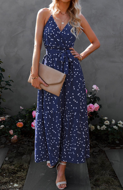 Ladies Summer Fashion V Neck Sling Polka Dot Dress Long Dress