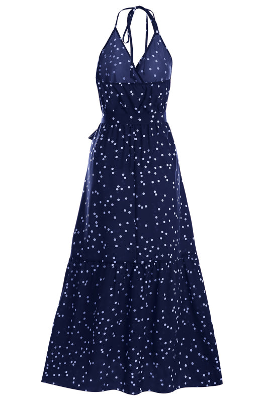 Ladies Summer Fashion V Neck Sling Polka Dot Dress Long Dress